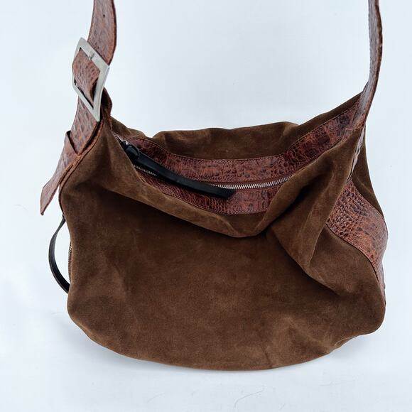 Daniella Lehavi Nevada Hobo Purse Suede Croc Shoulder Bag Suede Leather Camel - Picture 3 of 16